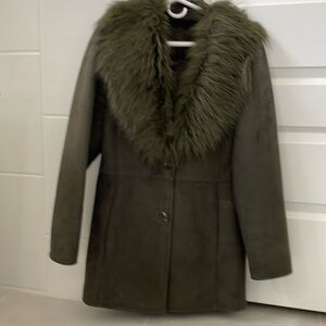 Calvin Klein faux Fur collar faux suede coat, faux fir lined, M like new